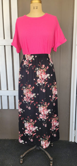 A-Line Midi Skirt Black and Pink Floral